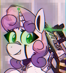 Size: 500x550 | Tagged: safe, artist:provolonepone, imported from derpibooru, sweetie belle, pony, robot, robot pony, unicorn, chromatic aberration, female, filly, glowing, glowing eyes, green eyes, gun, laser, looking at you, solo, sweetie bot, weapon, zipper