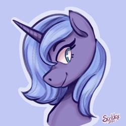 Size: 750x750 | Tagged: safe, artist:scribleydoodles, imported from derpibooru, princess luna, alicorn, pony, blue background, cute, female, lunabetes, mare, s1 luna, simple background, solo