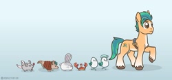 Size: 1280x593 | Tagged: safe, artist:redpalette, imported from derpibooru, hitch trailblazer, armadillo, bird, crab, mouse, rabbit, seagull, spoiler:my little pony: a new generation, animal, chest fluff, critter magnet, critters, cute, following, g5, hitchbetes, kenneth, male, mcsnips-a-lot, my little pony: a new generation, parade, pegamouse, sheriff, stallion, trotting, unshorn fetlocks