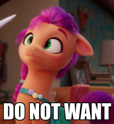 Size: 571x620 | Tagged: safe, edit, edited screencap, imported from derpibooru, screencap, sunny starscout, spoiler:my little pony: a new generation, 3d, caption, do not want, g5, image macro, my little pony: a new generation, text