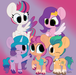 Size: 2350x2318 | Tagged: safe, artist:starbatto, imported from derpibooru, hitch trailblazer, izzy moonbow, pipp petals, sunny starscout, zipp storm, earth pony, pegasus, pony, unicorn, spoiler:my little pony: a new generation, chibi, female, g5, high res, male, mane five (g5), mare, my little pony: a new generation, one eye closed, smiling, stallion, wink