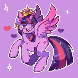 Size: 1500x1500 | Tagged: safe, artist:artkett1412, imported from derpibooru, twilight sparkle, alicorn, pony, big crown thingy, colored wings, colored wingtips, element of magic, female, flying, heart, jewelry, mare, purple background, regalia, simple background, smiling, solo, sparkles, spread wings, twilight sparkle (alicorn), wings