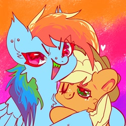 Size: 2000x2000 | Tagged: dead source, safe, artist:axollungz, imported from derpibooru, applejack, rainbow dash, earth pony, pegasus, pony, abstract background, appledash, cheek fluff, cuddling, ear piercing, facial piercing, female, heart, high res, lesbian, one eye closed, piercing, sharp teeth, shipping, teeth, wingding eyes