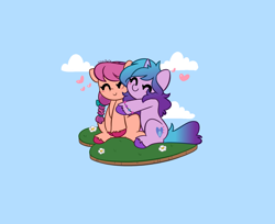 Size: 5992x4900 | Tagged: safe, artist:kittyrosie, imported from derpibooru, izzy moonbow, sunny starscout, earth pony, pony, unicorn, spoiler:my little pony: a new generation, ^^, bracelet, cute, duo, eyes closed, female, floating heart, g5, heart, hug, izzybetes, izzyscout, jewelry, lesbian, my little pony: a new generation, shipping, sitting, sunnybetes