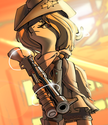 Size: 2544x2953 | Tagged: safe, artist:castle bravo, derpibooru exclusive, imported from derpibooru, oc, oc only, deer, bandana, bounty hunter, clothes, cowboy, cowboy hat, deer magic, female, glowing, glowing horn, gun, hat, high res, horn, looking at you, looking down, looking down at you, shotgun, solo, wasteland, weapon