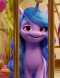 Size: 225x293 | Tagged: safe, imported from derpibooru, screencap, izzy moonbow, spoiler:my little pony: a new generation, 3d, animated, ball, cropped, duckface, g5, gif, izzy's tennis ball, my little pony: a new generation, offscreen character, solo focus, tennis ball