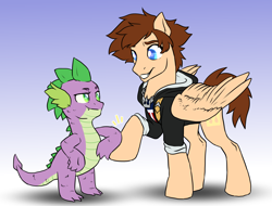 Size: 2424x1839 | Tagged: safe, artist:not-ordinary-pony, imported from derpibooru, spike, pony, fanfic:kingdom hearts of harmony, bros, clothes, commission, disney, duo, duo male, fanfic art, hoofbump, kingdom hearts, kingdom hearts of harmony, male, ponified, simple background, sora