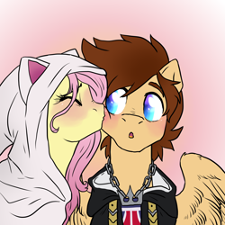 Size: 2000x2000 | Tagged: safe, artist:not-ordinary-pony, imported from derpibooru, fluttershy, pony, fanfic:kingdom hearts of harmony, blushing, cheek kiss, clothes, commission, disney, female, high res, kingdom hearts, kingdom hearts of harmony, kissing, male, ponified, shipping, simple background, sora, sorashy, straight