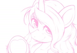 Size: 2048x1430 | Tagged: safe, artist:kurogewapony, imported from derpibooru, izzy moonbow, pony, unicorn, spoiler:my little pony: a new generation, blushing, cute, female, g5, heart, hoof heart, izzybetes, looking at you, mare, monochrome, my little pony: a new generation, simple background, sketch, smiling, smiling at you, solo, underhoof, upside-down hoof heart, white background, wip