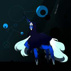 Size: 1800x1800 | Tagged: safe, artist:artywitch, imported from derpibooru, pony, unicorn, abstract background, blue, blue diamond (steven universe), blue eyes, blue skin, crossover, female, giant pony, hood, hoof shoes, horn, horn ring, macro, mare, ponified, ring, solo, steven universe, white hair, white mane