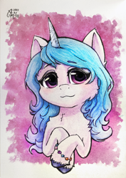 Size: 1438x2036 | Tagged: safe, artist:b_m, imported from derpibooru, izzy moonbow, pony, unicorn, spoiler:my little pony: a new generation, bust, female, g5, my little pony: a new generation, portrait, smiling, solo, traditional art, watercolor painting