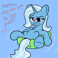 Size: 2000x2000 | Tagged: safe, artist:dafiltafish, imported from derpibooru, trixie, pony, unicorn, belly, featureless crotch, female, high res, implied twilight sparkle, inner tube, looking at you, mare, pool toy, smiling, smug, solo, swimming pool