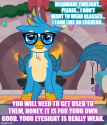 Size: 500x583 | Tagged: safe, edit, edited screencap, imported from derpibooru, screencap, gallus, griffon, the hearth's warming club, adorkable, caption, cropped, cute, dork, fireplace, gallabetes, glasses, image macro, implied twilight sparkle, sad, solo, text, woobie