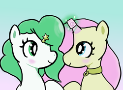 Size: 1080x790 | Tagged: safe, artist:duckchip, imported from derpibooru, oc, oc only, oc:silky sweet, oc:spring starstripe, pegasus, pony, unicorn, close-up, collar, couple, female, food, g5, holding hands, holding hooves, horn, icon, lesbian, love, magic, magic aura, magic suppression, marshmallow, simple background, stars