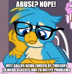 Size: 500x518 | Tagged: safe, edit, edited screencap, imported from derpibooru, screencap, gallus, griffon, she's all yak, caption, cheek squish, cropped, cute, gallabetes, gallove, good end, image macro, implied twilight sparkle, meme, sad, sadorable, squishy cheeks, text