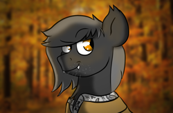 Size: 1024x670 | Tagged: safe, artist:tranzmuteproductions, imported from derpibooru, oc, oc only, oc:tranzmute, bat pony, pony, bat pony oc, bust, male, outdoors, smiling, smirk, solo, stallion