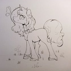 Size: 2992x2992 | Tagged: safe, artist:lightisanasshole, imported from derpibooru, izzy moonbow, butterfly, pony, unicorn, chest fluff, cute, ear fluff, ear piercing, earring, female, flower, fluffy, g5, grass, high res, hoof fluff, izzybetes, jewelry, leg fluff, lineart, mare, necklace, photo, piercing, side view, simple background, smiling, solo, traditional art, wip