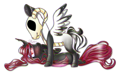 Size: 3000x2000 | Tagged: safe, artist:fantisai, imported from derpibooru, oc, oc only, changeling queen, pegasus, pony, blushing, changeling queen oc, colored hooves, duo, high res, lying down, mask, on back, pegasus oc, red changeling, signature, simple background, skull, transparent background