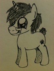 Size: 1536x2048 | Tagged: safe, artist:zombietator, imported from derpibooru, oc, oc only, oc:wolfie, pony, unicorn, :p, colt, glasses, horn, lineart, male, tongue out, traditional art, unicorn oc