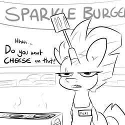 Size: 2500x2500 | Tagged: safe, artist:tjpones, imported from derpibooru, fizzlepop berrytwist, tempest shadow, pony, unicorn, apron, black and white, burger, clothes, female, food, grayscale, high res, horn, mare, monochrome, name tag, solo, spatula, talking to viewer, tempest gets her horn back, tempest shadow is not amused, unamused