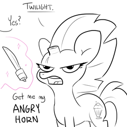 Size: 2500x2500 | Tagged: safe, artist:tjpones, imported from derpibooru, fizzlepop berrytwist, tempest shadow, pony, unicorn, angry, black and white, dialogue, female, grayscale, high res, horn, implied twilight sparkle, knife, mare, monochrome, offscreen character, partial color, simple background, solo, tempest gets her horn back, white background