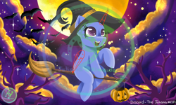 Size: 2000x1200 | Tagged: safe, artist:julie25609, imported from derpibooru, alicorn, bat, earth pony, pegasus, pony, unicorn, luna eclipsed, advertisement, broom, cloud, commission, commission info, flying, flying broomstick, hat, moon, night, photo, pumpkin bucket, sky, stars, tree, witch hat, ych example, your character here