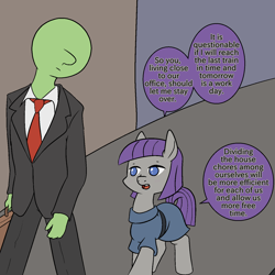 Size: 1500x1500 | Tagged: safe, artist:happy harvey, imported from derpibooru, maud pie, oc, oc:anon, earth pony, human, pony, briefcase, clothes, dialogue, female, looking down, male, mare, phone drawing, propositioning, suit, walking