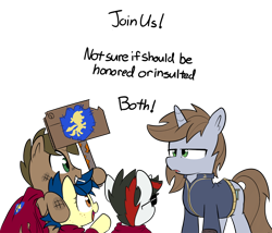 Size: 1200x1026 | Tagged: safe, artist:icey, imported from derpibooru, oc, oc only, oc:blackjack, oc:daydream, oc:littlepip, oc:quick fix, pony, unicorn, fallout equestria, fallout equestria: project horizons, colt, cutie mark crusaders patch, dialogue, female, filly, freckles, green eyes, horn, lidded eyes, male, mare, open mouth, open smile, palindrome get, sign, simple background, smiling, smol, speech bubble, transparent background, unamused, unicorn oc