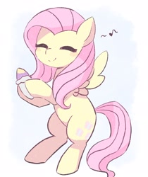 Size: 1722x2048 | Tagged: safe, artist:ginmaruxx, imported from derpibooru, fluttershy, pegasus, pony, bipedal, cute, eyes closed, female, hoof hold, humming, mare, music notes, shyabetes, smiling, snack, snowcone, solo, spread wings, wings