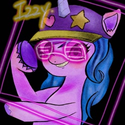 Size: 1280x1280 | Tagged: safe, artist:h2o_omz, imported from derpibooru, izzy moonbow, pony, unicorn, spoiler:my little pony: a new generation, baseball cap, cap, g5, glasses, gritted teeth, hat, izzy the rapper, my little pony: a new generation, rapper, shutter shades, solo, sunglasses