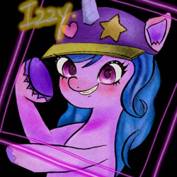 Size: 1280x1280 | Tagged: safe, alternate version, artist:h2o_omz, imported from derpibooru, izzy moonbow, pony, unicorn, spoiler:my little pony: a new generation, baseball cap, cap, g5, glasses off, gritted teeth, hat, izzy the rapper, my little pony: a new generation, rapper, solo