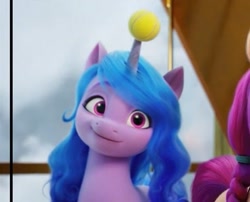 Size: 409x330 | Tagged: safe, imported from derpibooru, screencap, izzy moonbow, sunny starscout, unicorn, spoiler:my little pony: a new generation, 3d, ball, g5, horn, izzy's tennis ball, my little pony: a new generation, smiling, tennis ball