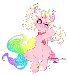 Size: 819x924 | Tagged: safe, artist:shady-bush, imported from derpibooru, oc, oc only, oc:funfetti, original species, pony, scented pony, unicorn, brush, closed species, colored horn, colored wings, female, hairbrush, horn, mare, multicolored wings, simple background, solo, transparent background, wings