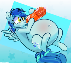 Size: 4000x3560 | Tagged: safe, artist:metalface069, imported from derpibooru, oc, oc:soft cloud, pegasus, pony, belly, belly blush, belly button, big belly, blushing, butt, cheek bulge, commission, drinking, fat, female, inflation, plot, soda, solo, ych result