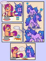 Size: 2700x3600 | Tagged: safe, artist:artisticwerks, imported from derpibooru, izzy moonbow, sunny starscout, earth pony, pony, unicorn, spoiler:my little pony: a new generation, bean, comic, cooking, duo, g5, high res, my little pony: a new generation
