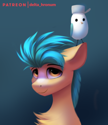 Size: 908x1052 | Tagged: source needed, useless source url, safe, artist:delta hronum, imported from derpibooru, hitch trailblazer, bird, earth pony, pony, blaze (coat marking), brown eyes, bust, chest fluff, coat markings, critter magnet, cute, eyebrows, eyebrows visible through hair, facial markings, floppy ears, g5, gradient background, hitchbetes, kenneth, looking at something, male, smiling, solo, stallion