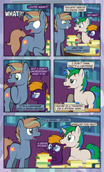 Size: 1920x3169 | Tagged: safe, artist:alexdti, imported from derpibooru, oc, oc only, oc:brainstorm (alexdti), oc:purple creativity, oc:star logic, pegasus, pony, unicorn, comic:quest for friendship, blue eyes, book, comic, cutie mark, female, glasses, green eyes, horn, male, mare, open mouth, open smile, pegasus oc, shrunken pupils, smiling, stallion, standing, tail, trio, two toned mane, two toned tail, unicorn oc