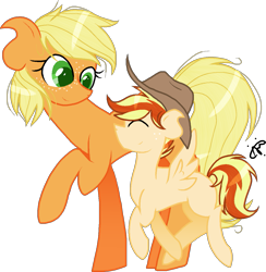 Size: 1247x1280 | Tagged: safe, artist:gallantserver, imported from derpibooru, applejack, oc, oc:smithy gold, pegasus, pony, applejack's hat, colt, cowboy hat, female, freckles, hat, magical lesbian spawn, male, mother and child, mother and son, offspring, parent:applejack, parent:rainbow dash, parents:appledash, simple background, transparent background