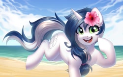 Size: 2048x1287 | Tagged: safe, artist:fenwaru, imported from derpibooru, oc, oc only, pony, unicorn, :d, beach, cute, flower, flower in hair, looking at you, open mouth, open smile, smiling, solo, water, watermark