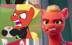 Size: 1041x651 | Tagged: safe, edit, edited screencap, imported from derpibooru, screencap, short fuse, sprout cloverleaf, earth pony, pegasus, pony, season 8, the washouts (episode), spoiler:my little pony: a new generation, 3d, angry, comparison, cropped, eyebrows, food, g4, g5, green eyes, hoof hold, male, my little pony: a new generation, open mouth, sandwich, stallion, the washouts