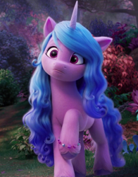 Size: 630x804 | Tagged: safe, imported from derpibooru, screencap, izzy moonbow, pony, unicorn, spoiler:my little pony: a new generation, 3d, blue mane, blue tail, bracelet, confused, cropped, cute, female, g5, horn, izzybetes, jewelry, long mane, mare, my little pony: a new generation, outdoors, raised hoof, solo, tail, unshorn fetlocks