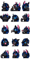 Size: 2349x4739 | Tagged: safe, artist:pridark, imported from derpibooru, oc, oc only, oc:swift dawn, changeling, blue changeling, blue eyes, blushing, boop, bottle, changeling oc, commission, crossed arms, disembodied hoof, drunk, emotes, expressions, eyes closed, fangs, frog (hoof), heart, hug, male, simple background, smiling, solo, stallion, tongue out, transparent background, underhoof