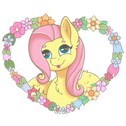 Size: 2000x2000 | Tagged: safe, artist:starlight-j, imported from derpibooru, fluttershy, pegasus, pony, :p, bust, chest fluff, cute, ear fluff, flower, frame, high res, looking up, pastel, shyabetes, simple background, solo, tongue out, white background