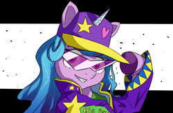 Size: 2458x1608 | Tagged: safe, artist:artiks, imported from derpibooru, izzy moonbow, pony, unicorn, spoiler:g5, spoiler:my little pony: a new generation, baseball cap, cap, female, g5, hat, izzy the rapper, jojo reference, my little pony: a new generation, rapper, solo