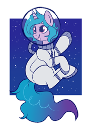 Size: 530x718 | Tagged: safe, artist:lulubell, imported from derpibooru, izzy moonbow, pony, unicorn, spoiler:my little pony: a new generation, g5, my little pony: a new generation, open mouth, open smile, out of frame, smiling, solo, spacesuit, waving