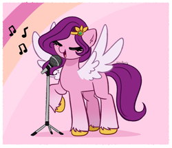 Size: 4488x3861 | Tagged: safe, artist:kittyrosie, imported from derpibooru, pipp petals, pegasus, pony, spoiler:my little pony: a new generation, adorapipp, cute, eyes closed, female, g5, mare, microphone, my little pony: a new generation, open mouth, raised hoof, singing, solo, spread wings, unshorn fetlocks, wings