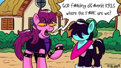 Size: 1200x675 | Tagged: safe, artist:pony-berserker, imported from derpibooru, pony, censored, censored vulgarity, deltarune, god fucking damnit kris where the fuck are we, kris, meme, ponified, pony-berserker's twitter sketches, ponyville, speech bubble, susie (deltarune), vulgar