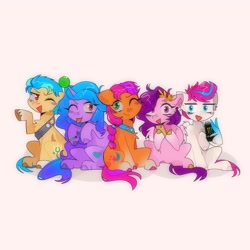 Size: 2048x2048 | Tagged: safe, artist:blairvonglitter, imported from derpibooru, hitch trailblazer, izzy moonbow, pipp petals, sunny starscout, zipp storm, earth pony, pegasus, pony, unicorn, spoiler:my little pony: a new generation, :p, ;p, adorapipp, adorazipp, badge, ball, cellphone, cute, female, g5, high res, hoof hold, horn, hornball, male, mane five (g5), mare, monster energy, my little pony: a new generation, one eye closed, phone, royal sisters (g5), sash, siblings, sisters, stallion, tennis ball, tongue out, wing hold, wings, wink