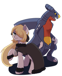 Size: 1131x1386 | Tagged: safe, artist:backgroundpony#f352, imported from derpibooru, earth pony, pony, clothes, crossover, cynthia, duo, eyes open, female, garchomp, hair over one eye, long hair, mane, mare, pokémon, ponified, simple background, standing, transparent background