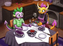 Size: 2713x2000 | Tagged: safe, artist:king-kakapo, imported from derpibooru, smolder, spike, anthro, dragon, apron, breasts, busty smolder, clothes, dinner, dragoness, duo, female, fork, gem, high res, kitchen, knife, lizard breasts, male, shipping, spolder, straight, table
